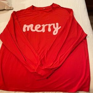 Red Long Sleeve Tee with 'Merry' Print